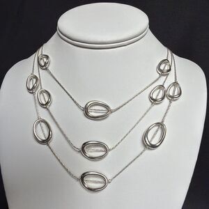 Signed Crown TRIFARI Silver Tone 3 Strand Station Chain Necklace Layered Ovals